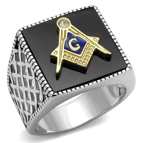 Jewellery Kingdom Masonic Onyx Signet Pinky Diamond Masons Emerald Cut Steel Ring (Silver) - Jewelry Rings - British D'sire