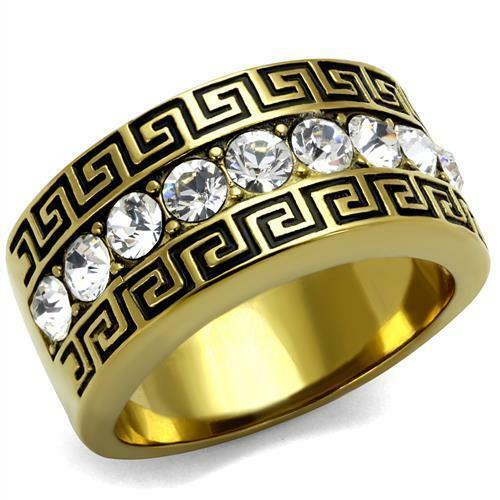 Jewellery Kingdom Mens 12mm Cz Greek Key Thumb Signet Pinky Steel Gold Ring - Jewelry Rings - British D'sire