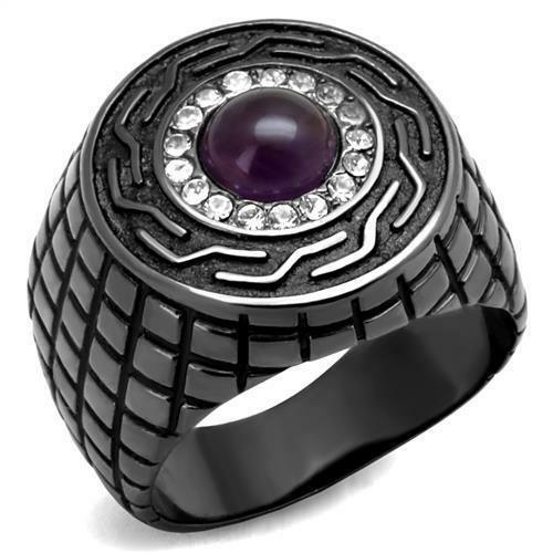 Jewellery Kingdom Mens Amethyst Signet Purple Semi Precious Stainless Steel Cubic Zirconia Ring (Black) - Jewelry Rings - British D'sire