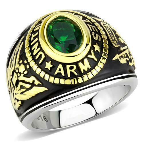 Jewellery Kingdom Mens Army Stainless Steel Unites States Emerald 18K Gold Military Ring (Green) - Jewelry Rings - British D'sire