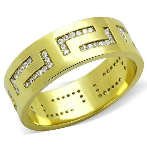 Jewellery Kingdom Mens Band Greek Key Cz 7mm 18kt Steel Wedding Thumb Chunky Ring (Gold) - Jewelry Rings - British D'sire