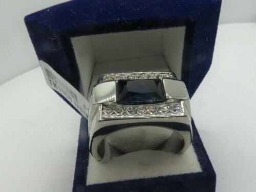 Jewellery Kingdom Mens Blue Sapphire Emerald Cut Pinky Signet Stainless Steel Ring - Rings - British D'sire