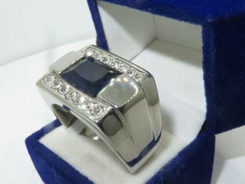 Jewellery Kingdom Mens Blue Sapphire Emerald Cut Pinky Signet Stainless Steel Ring - Rings - British D'sire