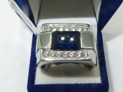 Jewellery Kingdom Mens Blue Sapphire Emerald Cut Pinky Signet Stainless Steel Ring - Rings - British D'sire