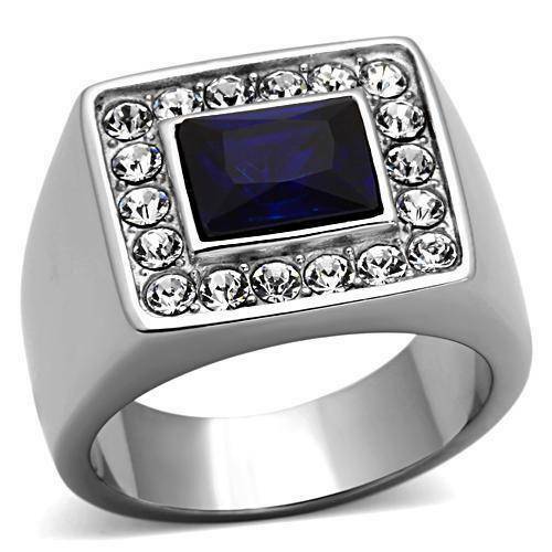 Jewellery Kingdom Mens Blue Sapphire Signet Emerald Cut Stainless Steel Bezel Ring (Silver) - Jewelry Rings - British D'sire