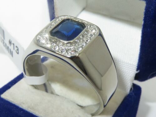 Jewellery Kingdom Mens Blue Sapphire Signet Pinky Emerald Cut Stainless Steel Ring (Silver) - Jewelry Rings - British D'sire