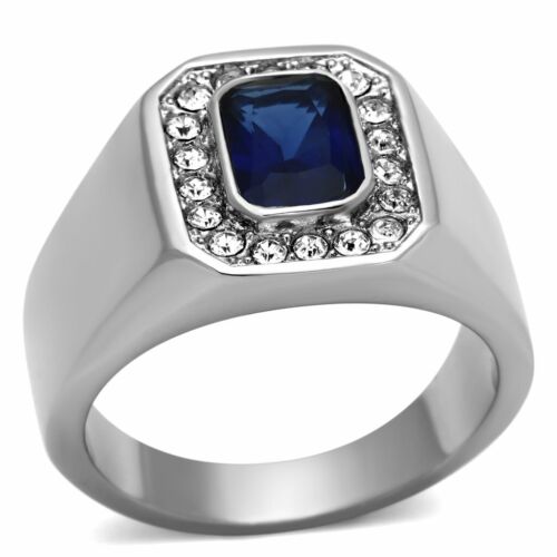 Jewellery Kingdom Mens Blue Sapphire Signet Pinky Emerald Cut Stainless Steel Ring (Silver) - Jewelry Rings - British D'sire