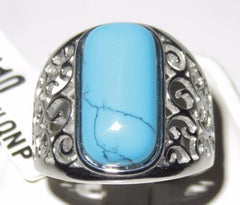 Jewellery Kingdom Mens Blue Turquoise Pinky Signet Stainless Steel Ring - Rings - British D'sire