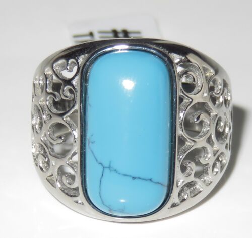 Jewellery Kingdom Mens Blue Turquoise Pinky Signet Stainless Steel Ring - Rings - British D'sire