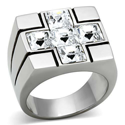 Jewellery Kingdom Mens Cross Cz Princess Cut Square Chunky Signet Stainless Steel Ring (Silver) - Jewelry Rings - British D'sire