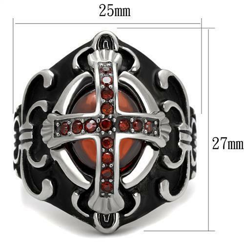 Jewellery Kingdom Mens Cross Signet Pinky Biker Goth Garnet Stainless Steel Silver Ring (Red) - Jewelry Rings - British D'sire