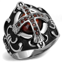 Jewellery Kingdom Mens Cross Signet Pinky Biker Goth Garnet Stainless Steel Silver Ring (Red) - Jewelry Rings - British D'sire