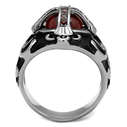 Jewellery Kingdom Mens Cross Signet Pinky Biker Goth Garnet Stainless Steel Silver Ring (Red) - Jewelry Rings - British D'sire