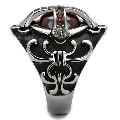 Jewellery Kingdom Mens Cross Signet Pinky Biker Goth Garnet Stainless Steel Silver Ring (Red) - Jewelry Rings - British D'sire