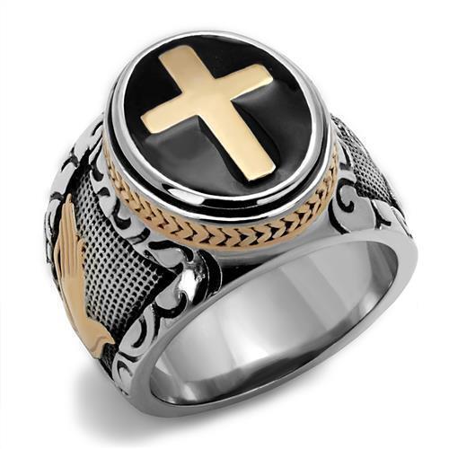 Jewellery Kingdom Mens Cross Signet Pinky Stainless Steel Rose Gold Detailed Biker Ring (Black) - Jewelry Rings - British D'sire