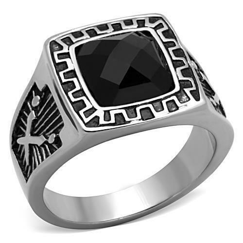 Jewellery Kingdom Mens Cz Signet Pinky Jet Stainless Steel Greek Key 4ct Mans Ring (Black) - Jewelry Rings - British D'sire