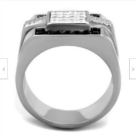 Jewellery Kingdom Mens Cz Signet Stainless Steel Silver Clear Square Cuts Classy Ring (Black) - Rings - British D'sire