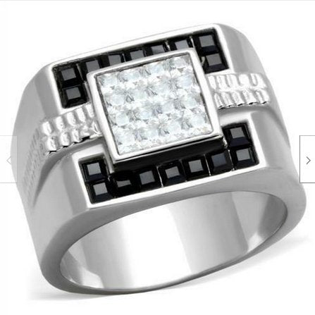 Jewellery Kingdom Mens Cz Signet Stainless Steel Silver Clear Square Cuts Classy Ring (Black) - Rings - British D'sire