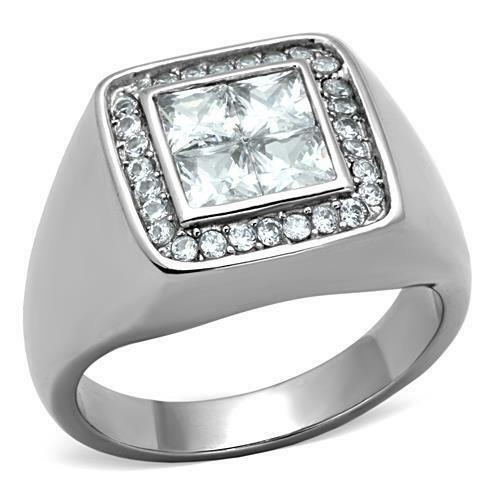 Jewellery Kingdom Mens Cz Silver Signet Stainless Steel Square Bling Clear Princess Cut Ring - Jewelry Rings - British D'sire