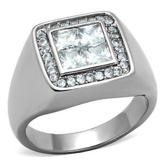 Jewellery Kingdom Mens Cz Silver Signet Stainless Steel Square Bling Clear Princess Cut Ring - Jewelry Rings - British D'sire