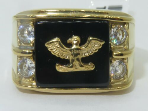 Jewellery Kingdom Mens Eagle Signet Onyx Steel 18kt Cubic Zirconia Military Ring (Gold) - Jewelry Rings - British D'sire