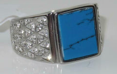 Jewellery Kingdom Mens Emerald Cut Blue Turquoise Pinky Signet Stainless Steel Ring - Rings - British D'sire