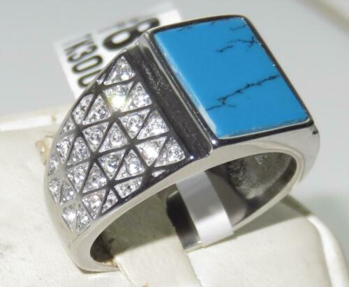 Jewellery Kingdom Mens Emerald Cut Blue Turquoise Pinky Signet Stainless Steel Ring - Rings - British D'sire