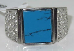 Jewellery Kingdom Mens Emerald Cut Blue Turquoise Pinky Signet Stainless Steel Ring - Rings - British D'sire