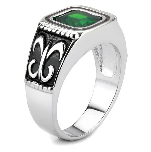 Jewellery Kingdom Mens Emerald Green Square Stainless Steel Signet Fleur De Lis Pinky Ring - Jewelry Rings - British D'sire