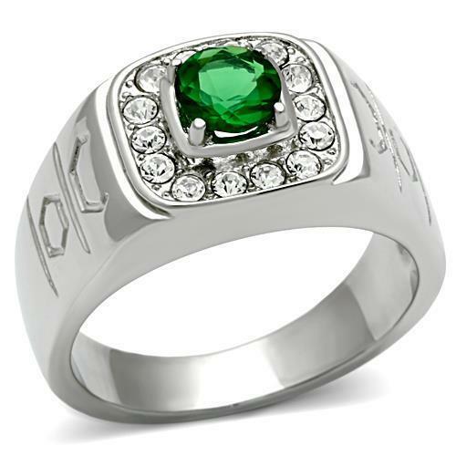 Jewellery Kingdom Mens Emerald Signet Pinky Simulated Green Diamond Stainless Steel Ring - Jewelry Rings - British D'sire