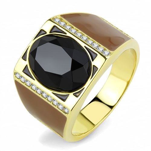 Jewellery Kingdom Mens Gold Black Ring Cz Signet Pinky Enamel Brown Steel Square Jet - Jewelry Rings - British D'sire