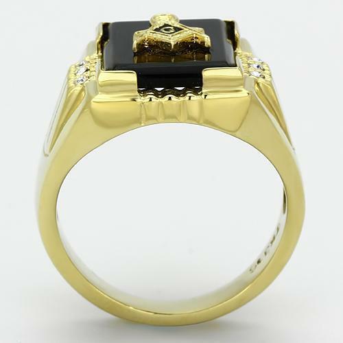 Jewellery Kingdom Mens Gold Masonic Onyx Signet Military Stainless Steel 18kt X027 Ring (Black) - Jewelry Rings - British D'sire