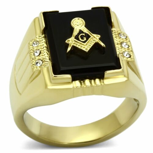 Jewellery Kingdom Mens Gold Masonic Onyx Signet Military Stainless Steel 18kt X027 Ring (Black) - Jewelry Rings - British D'sire