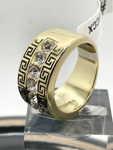 Jewellery Kingdom Mens Greek Key Band 12mm Cz Thumb Signet Pinky Steel 18kt Smart Ring (Gold) - Jewelry Rings - British D'sire