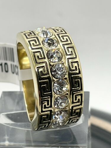 Jewellery Kingdom Mens Greek Key Band 12mm Cz Thumb Signet Pinky Steel 18kt Smart Ring (Gold) - Jewelry Rings - British D'sire