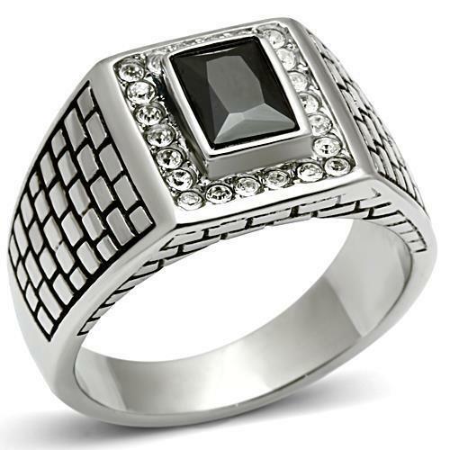 Jewellery Kingdom Mens Jet Emerald Cut Signet Stainless Steel 2 Carat Bezel Ring (Black) - Jewelry Rings - British D'sire