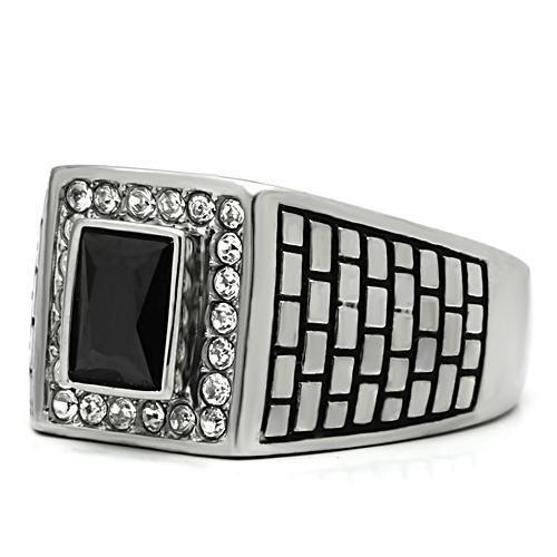 Jewellery Kingdom Mens Jet Emerald Cut Signet Stainless Steel 2 Carat Bezel Ring (Black) - Jewelry Rings - British D'sire