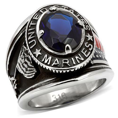 Jewellery Kingdom Mens Marines Sapphire Military Usa Stainless Steel Cz Oval Silver Ring (Blue) - Jewelry Rings - British D'sire