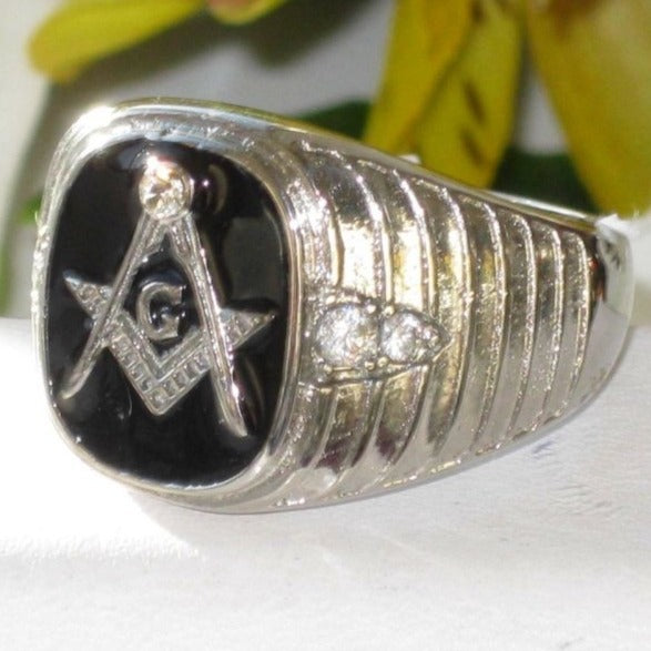 Jewellery Kingdom Mens Masonic Onyx Cz Signet Pinky Stainless Steel Silver Ring (Black) - Jewelry Rings - British D'sire