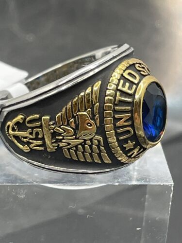 Jewellery Kingdom Mens Navy Stainless Steel USA Sapphire 18kt Blackened Military Ring (Gold) - Jewelry Rings - British D'sire