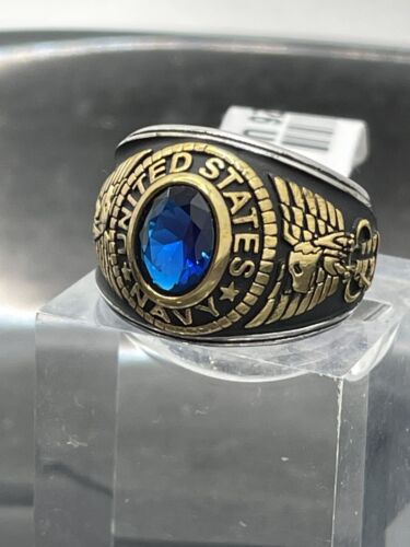 Jewellery Kingdom Mens Navy Stainless Steel USA Sapphire 18kt Blackened Military Ring (Gold) - Jewelry Rings - British D'sire