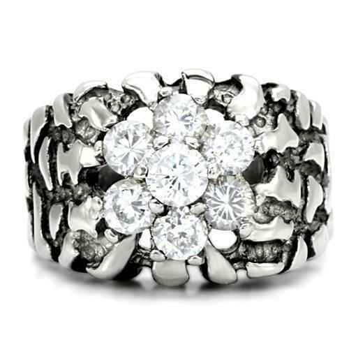 Jewellery Kingdom Mens Nugget Ring Cz Pinky Silver Derby Cluster Signet Stainless Steel - Jewelry Rings - British D'sire