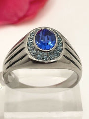 Jewellery Kingdom Mens Oval Sapphire Blue Topaz Signet Pinky Stainless Steel Ring (Silver) - Jewelry Rings - British D'sire