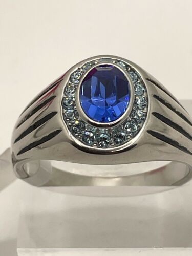 Jewellery Kingdom Mens Oval Sapphire Blue Topaz Signet Pinky Stainless Steel Ring (Silver) - Jewelry Rings - British D'sire