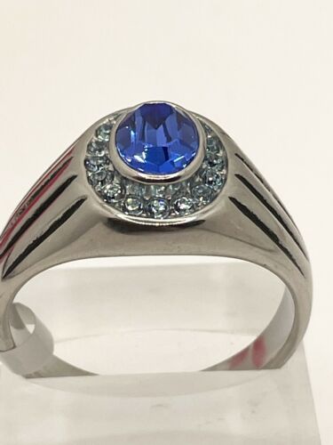 Jewellery Kingdom Mens Oval Sapphire Blue Topaz Signet Pinky Stainless Steel Ring (Silver) - Jewelry Rings - British D'sire