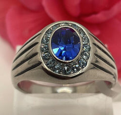 Jewellery Kingdom Mens Oval Sapphire Blue Topaz Signet Pinky Stainless Steel Ring (Silver) - Jewelry Rings - British D'sire