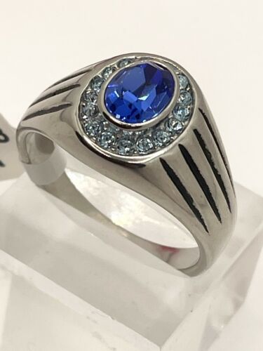 Jewellery Kingdom Mens Oval Sapphire Blue Topaz Signet Pinky Stainless Steel Ring (Silver) - Jewelry Rings - British D'sire