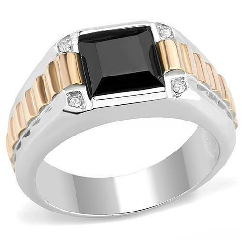 Jewellery Kingdom Mens Rose Gold Onyx Jet Pinky Signet Stainless Steel Square Ring (Black) - Jewelry Rings - British D'sire