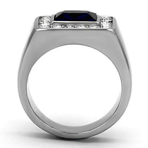 Jewellery Kingdom Mens Sapphire Signet Pinky Stainless Steel Emerald Cut Cz Ring (Silver) - Jewelry Rings - British D'sire