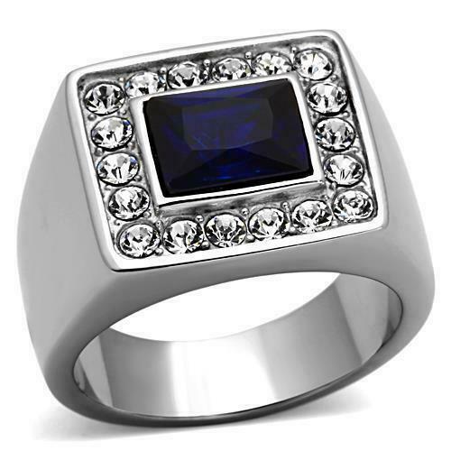 Jewellery Kingdom Mens Sapphire Signet Pinky Stainless Steel Emerald Cut Cz Ring (Silver) - Jewelry Rings - British D'sire